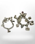 Two silver charm bracelets, 170g.