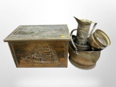 A Victorian brass coal helmet, three further brass items and an embossed coal bin.