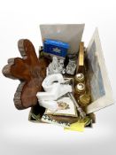 A contemporary burr wood quartz wall clock, other home wares, glass and silver plated items,