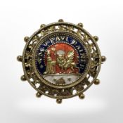 An antique 18ct gold and enamel brooch 'S M V PAUL RAINER', 7.4g, diameter 32 mm.