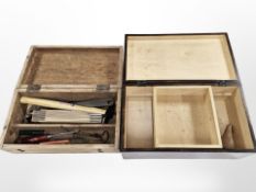 A pine tool box containing a small quantity of tools, folding rule,