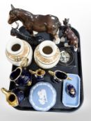 A pair of Japanese export earthenware vases, Wedgwood Jasperware trinket box and shallow dish,