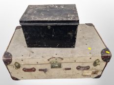 An early 20th-century canvas-bound trunk, and a lacquered metal deed box.