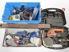 Three boxes of mixed hand and power tools, Black & Decker sander, spirit level, vices, etc.