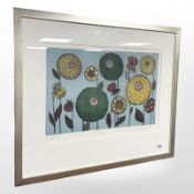 A continental colour print depicting flowers, indistinctly signed, 41cm x 29cm.