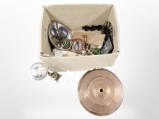 Miscellaneous items including lamp base, Scandinavian pottery bowl, copper light shade, rolling pin,