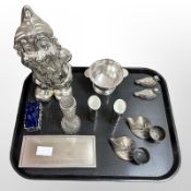 A group of silver-plated wares, a silver-finished gnome, cigarette box,