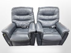 A pair of leather electric reclining chairs with leads
