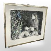 Danish school : Study of two children, lithograph with colour chalks, 71cm x 69cm, signed in pencil.