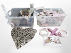 A group of various homewares including four painted metal candle stands, wall clock,