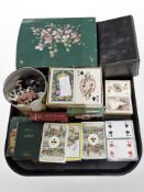 A quantity of sets of playing cards, painting trinket box containing buttons,