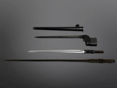 A Russian M 1944 folding bayonet, a French MAS M 1936 rod/spike bayonet, and a WW2 British No.