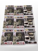 Nine Funko figurines including Terminator and Marvel, boxed.