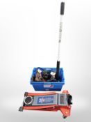 A 2.25 ton trolley jack, and a box containing foot pump, axle stands, hand-held air pump, etc.