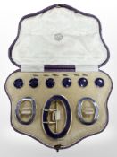 A fine quality cased silver gilt and purple enamel buckle, pair of shoe buckles, and six buttons,