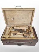 A small joiner's toolbox and contents, and a leather briefcase.