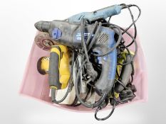 A plastic crate of assorted power tools including JCB circular saw, Workzone disc grinder, etc.