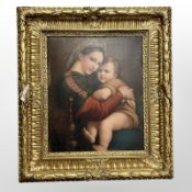 A continental gilt-framed print depicting a mother and child, 45cm x 53cm.