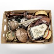 A quantity of treen and metal wares, poss stick, silver-plated wares, fruit bowl, trinket boxes,