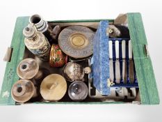 A quantity of treen, pair of turned candlesticks, cutlery, West German pottery jug, etc.