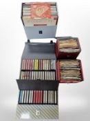 Five various cases of LP records, 45 singles, and cassette tapes including compilations,