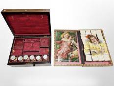 A Victorian rosewood and mother of pearl-inlaid workbox and fitted contents,