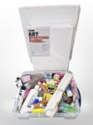 A quantity of artist's paints and supplies, and seven wall canvases.