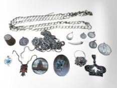 A group of silver/white metal chains, several silver St Christopher pendants, thimble, dress ring,