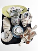 A group of ceramics including Victorian transfer-printed teapots, Ringtons toast rack,