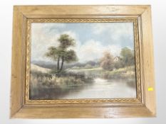 British school (late-19th century) : A calm stream or lake with cottage on the shore, oil on board,