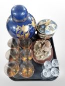 A Japanese export earthenware lidded jar, a further blue and gilt temple jar,