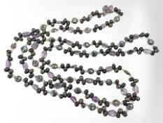 A pearl amethyst and crystal necklace, length 154 cm.