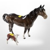 A Beswick brown gloss horse, length 27cm, together with a calf.