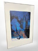 A continental colour print depicting a figure in a moonlit landscape, 71cm x 100cm.