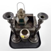 A group of metal wares including pair of 19th-century candlesticks, silver-plated vase,