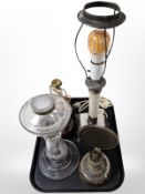 A group of glass oil lamp bases, pewter-mounted alabaster lamp base, etc.
