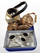A copper-plated kettle, similar lantern, two pairs of silvered shoe ornaments, etc.