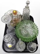 An iridescent glass bowl and further glass ware including candlesticks, decanters,