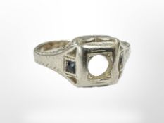An Art Deco 18ct white gold ring with vacant mount and sapphire-set shoulders CONDITION