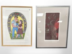 A continental colour print depicting a torso, 29cm x 56cm, indistinctly signed,