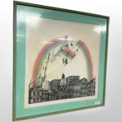 A continental print depicting a broken rainbow over buildings, 52cm x 51cm.