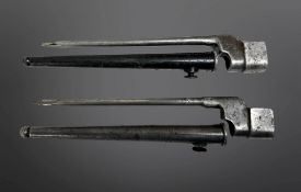 Two British WW2 No. 4 Mk II spike bayonets, both with scabbards.