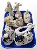 Two continental porcelain musical figure groups, together with other figures including Leonardo,