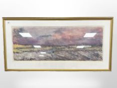A continental colour print depicting moorland, 94cm x 37cm.