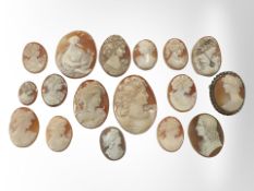 A quantity of antique and other cameos including one set with a diamond