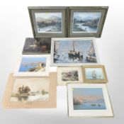 A group of paintings and prints, continental oil on board depicting boats in a harbour,