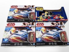 Three Hasbro Disney Star Wars Resistance A-Wing Fighter figurines,