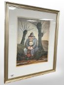 A continental colour print depicting a man with a dog, 29cm x 38cm.