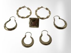Three pairs of 9ct gold earrings, plus another single CONDITION REPORT: 5.