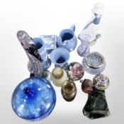 A group of Wedgwood blue and white Jasperware ceramics, studio glass bird, Caithness vase,